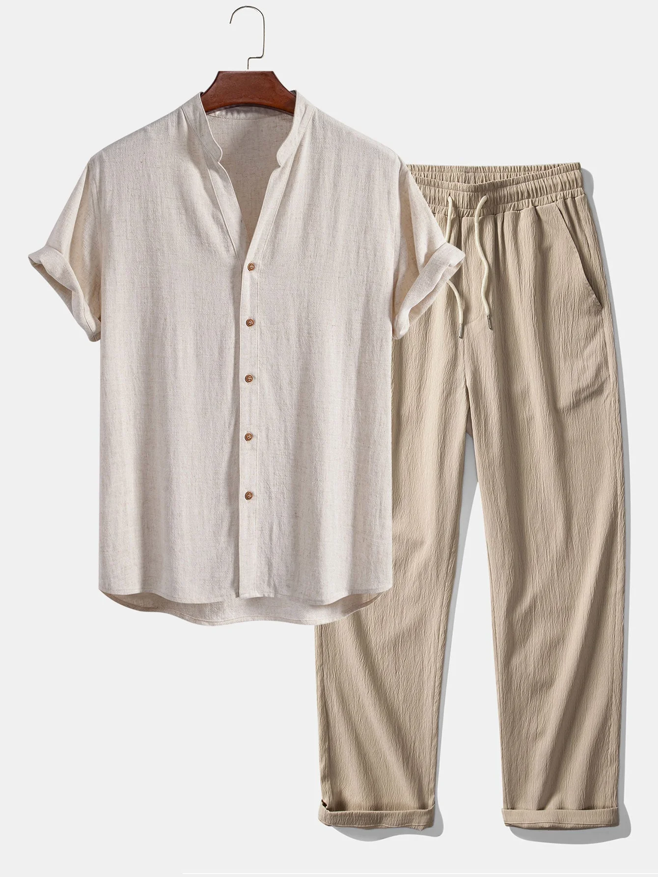 Eli® | Short Sleeve V Neck Linen Rayon Blend Shirt & Wrinkle Textured Straight Leg Pants - Image 3