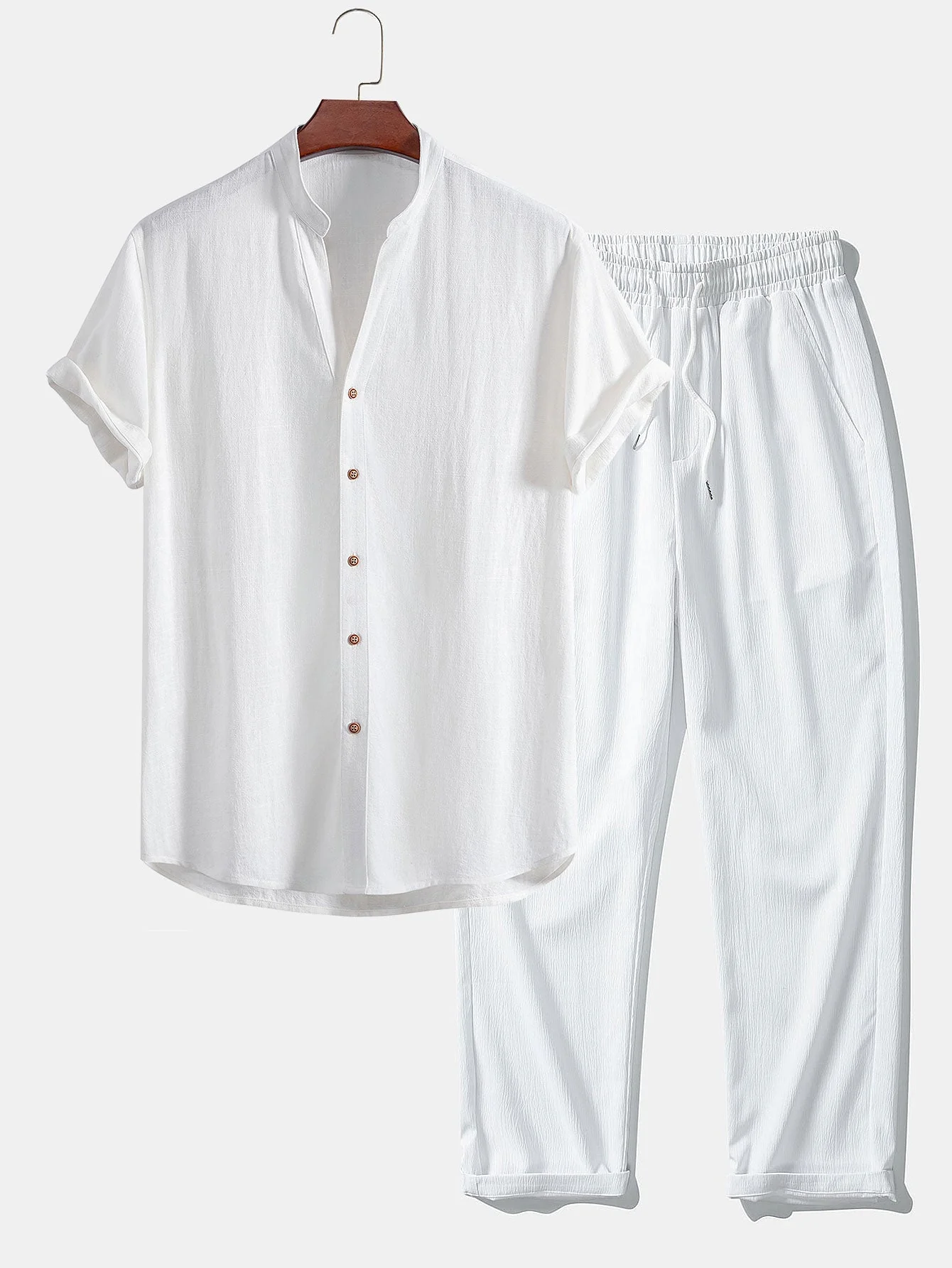 Eli® | Short Sleeve V Neck Linen Rayon Blend Shirt & Wrinkle Textured Straight Leg Pants - Image 4