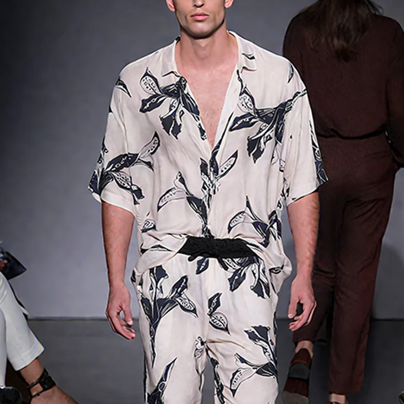 Eli | Men'S Spring And Summer Fashion Casual Satin Printed Short Sleeve Shirt Elastic Waist Pants Set - Image 3