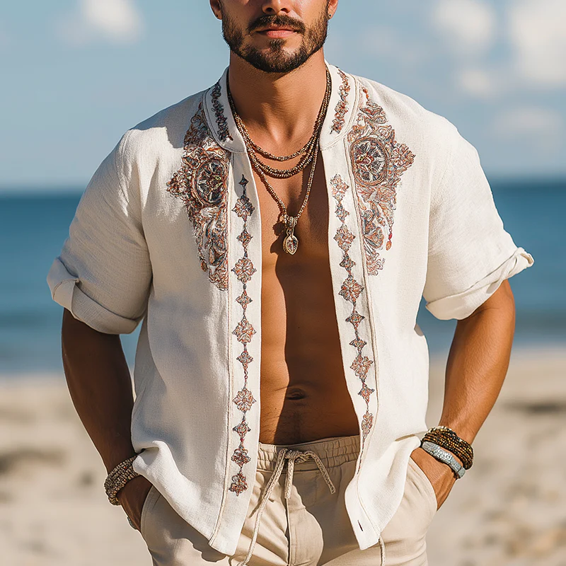 Eli | Men'S Summer Fashion Exquisite Embroidered Linen Short Sleeve Shirt - Image 2