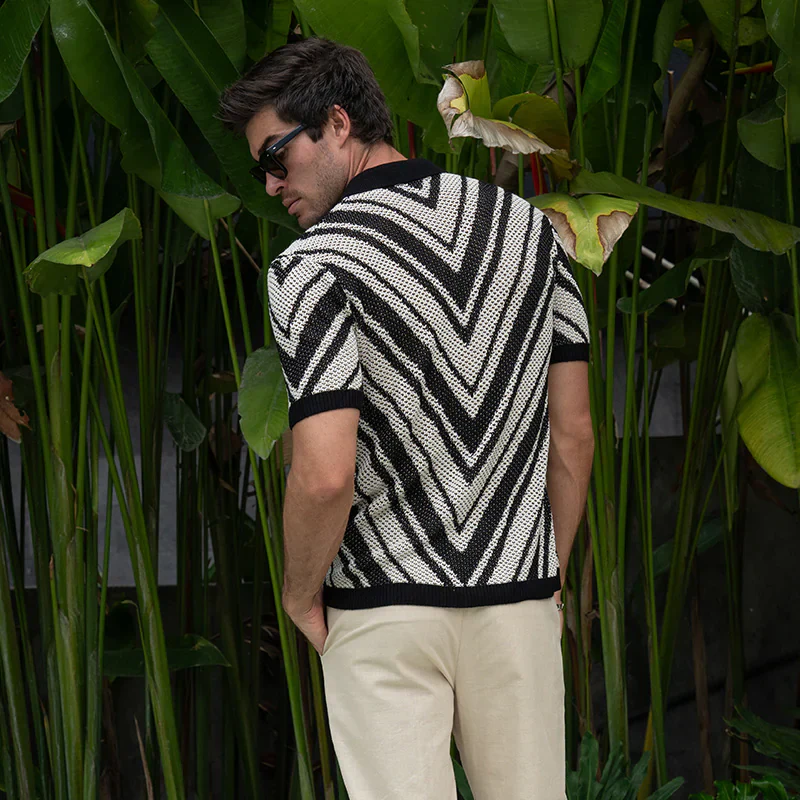 Ellis | Men'S Spring And Summer Fashion Retro Hollow Striped Knitted Short-Sleeved Shirt - Image 3