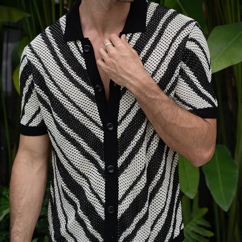 Ellis | Men'S Spring And Summer Fashion Retro Hollow Striped Knitted Short-Sleeved Shirt - Image 4
