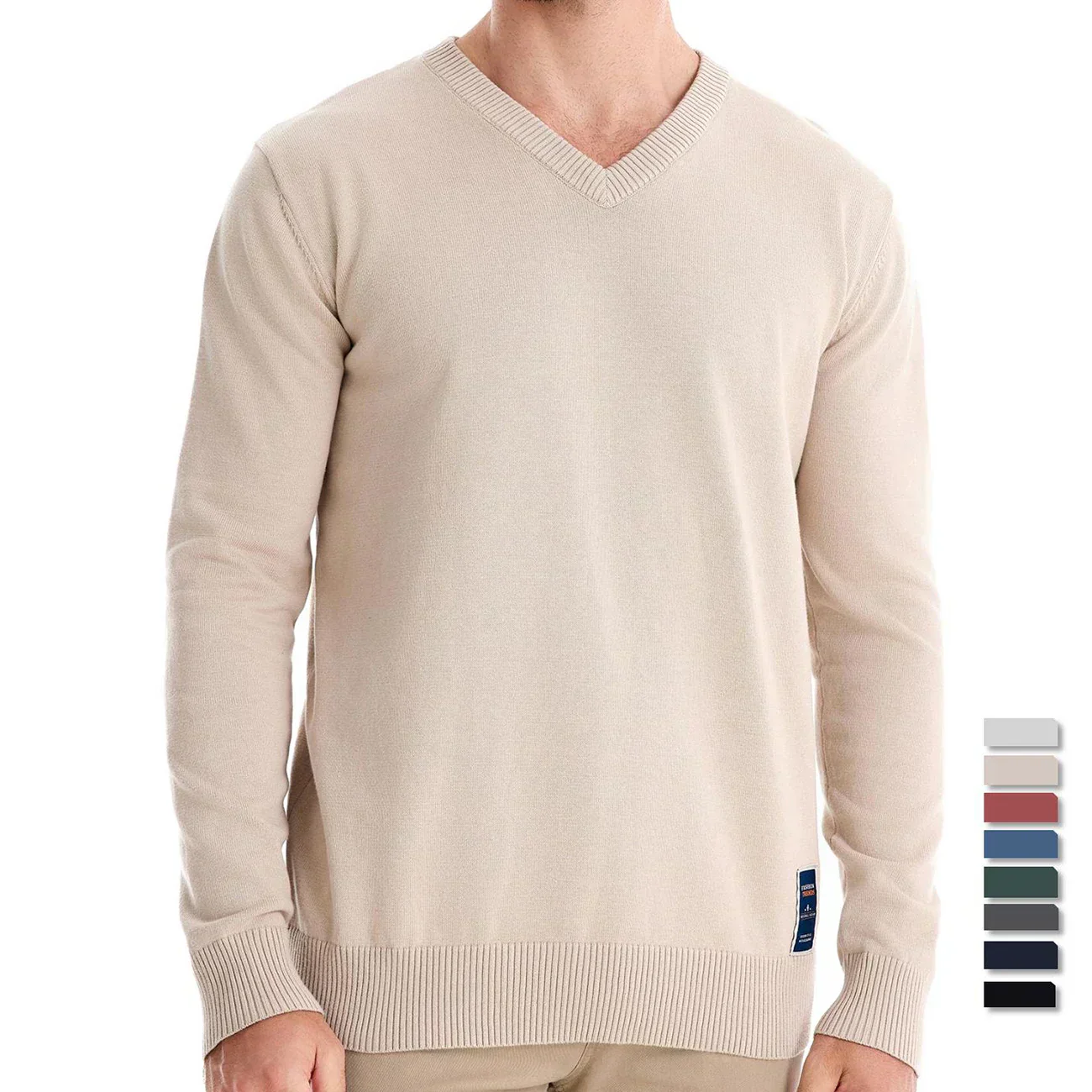Emerenciano® | Solid Cotton V Neck Sweater - Image 2