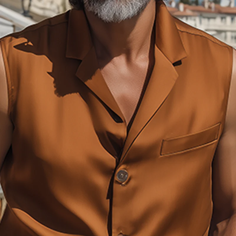Emil | Men'S Spring And Summer Fashion Casual Satin Lapel Sleeveless Shirt - Image 5