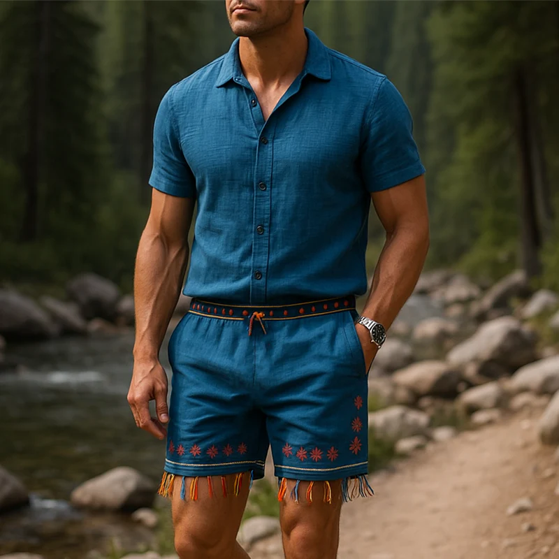 Emil | Men'S Summer Fashion Embroidery Tassel Slub Linen Casual Shorts - Image 3