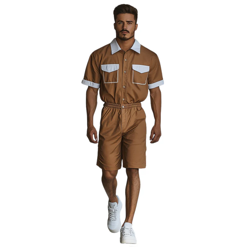 Emilio | Men'S Casual Cotton Blend Colorblock Lapel Chest Pocket Short Sleeve Shirt Shorts Slim Jumpsuit - Image 2