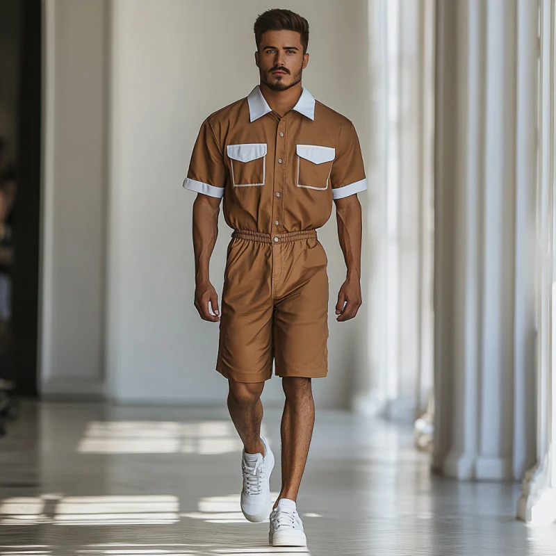 Emilio | Men'S Casual Cotton Blend Colorblock Lapel Chest Pocket Short Sleeve Shirt Shorts Slim Jumpsuit - Image 4