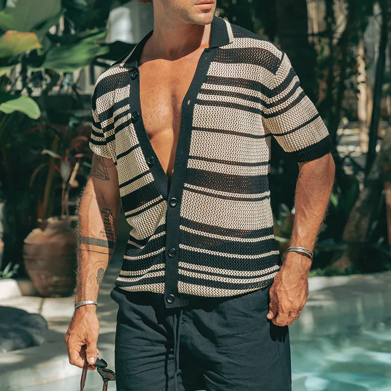 Emilio | Men'S Spring And Summer Fashion Casual Hollow Horizontal Striped Knitted Short-Sleeved Shirt - Image 2