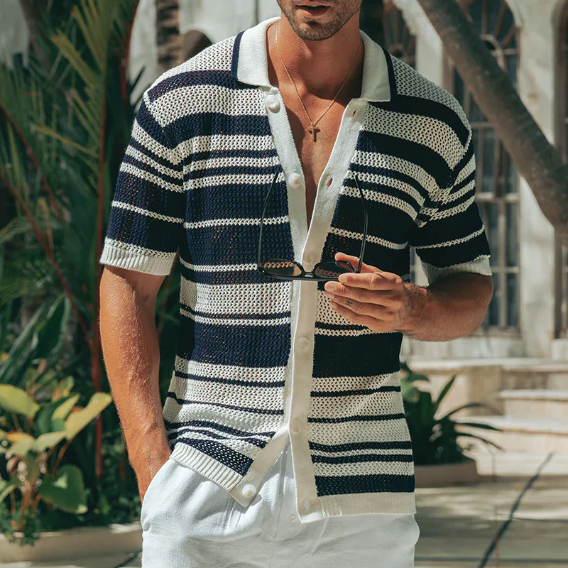 Emilio | Men'S Spring And Summer Fashion Casual Hollow Horizontal Striped Knitted Short-Sleeved Shirt - Image 3