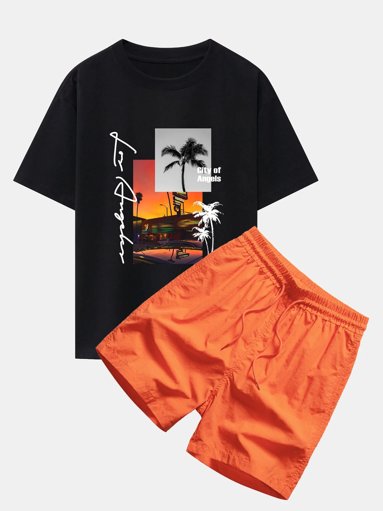 Emmett® | Los Angeles Scenery Print Drop Shoulder Oversize T-Shirt & Swim Shorts - Image 2