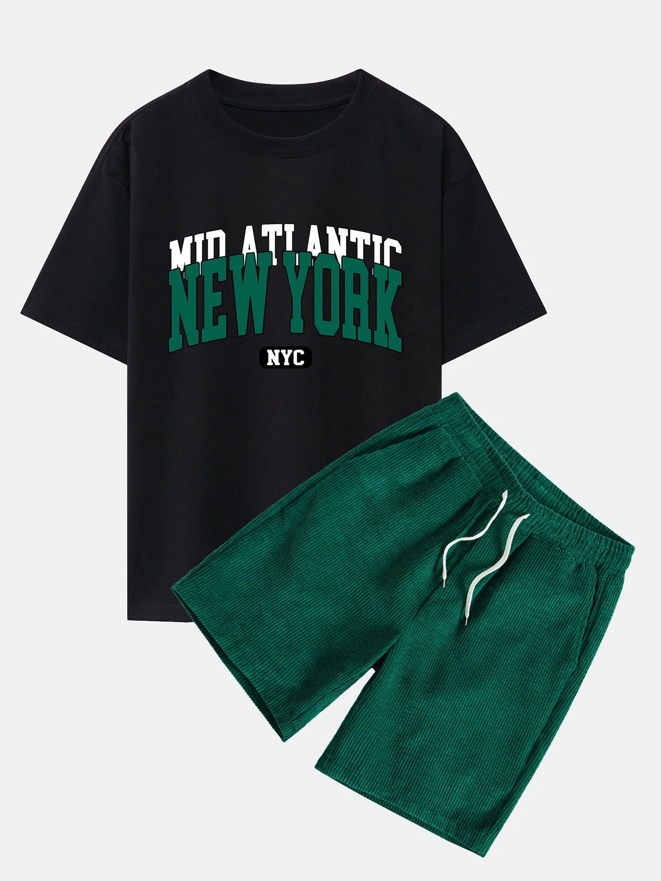 Enrique® | New York Print Drop Shoulder Oversize T-Shirt & Drawstring Corduroy Shorts - Image 2