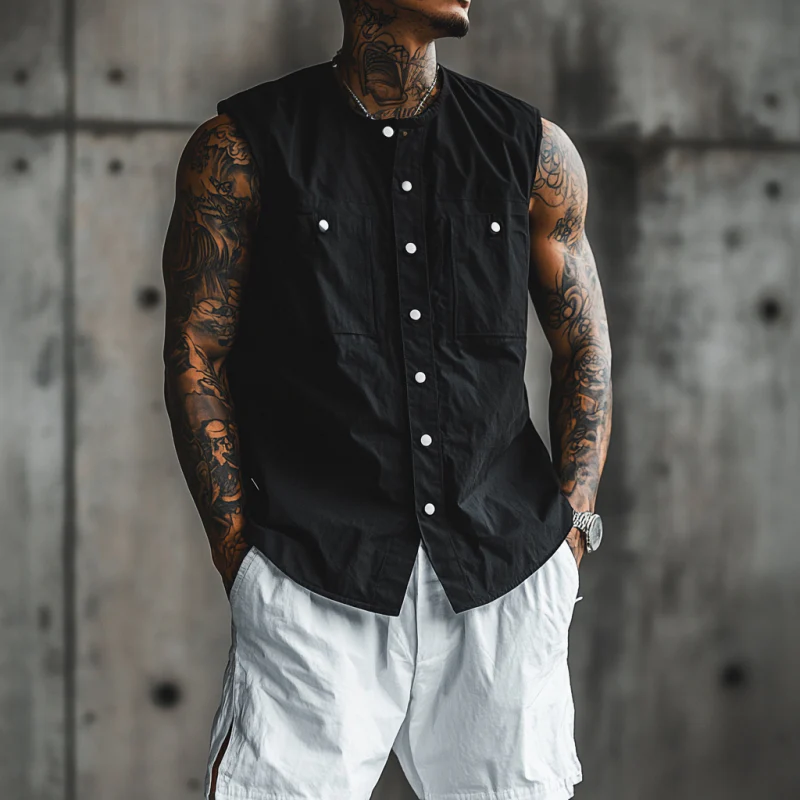 Enrique | Men'S Casual Breathable Cotton Round Neck Iron Single Breasted Loose Sleeveless Shirt - Image 2