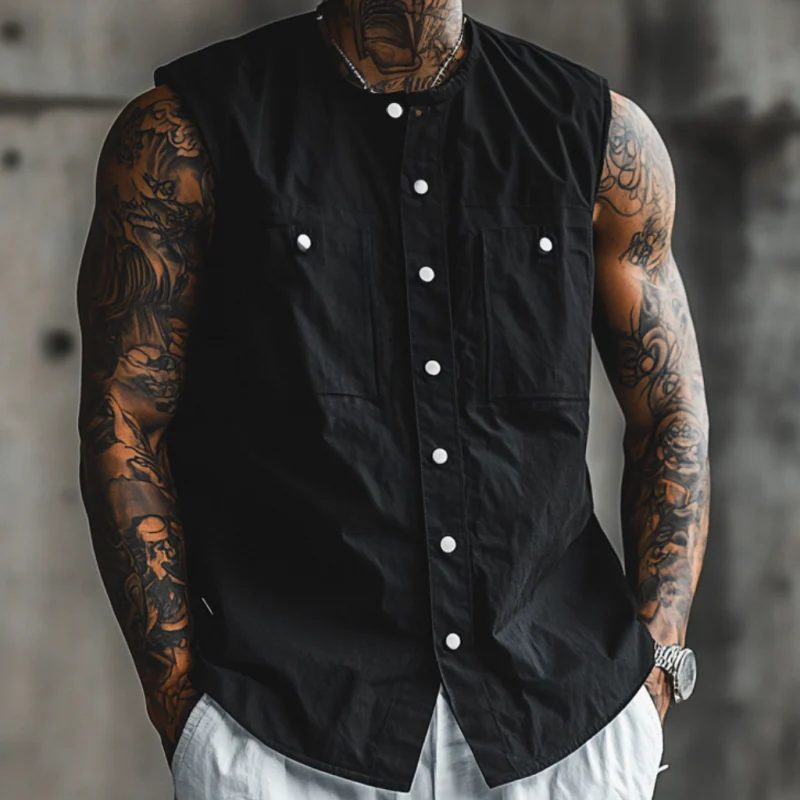 Enrique | Men'S Casual Breathable Cotton Round Neck Iron Single Breasted Loose Sleeveless Shirt - Image 3
