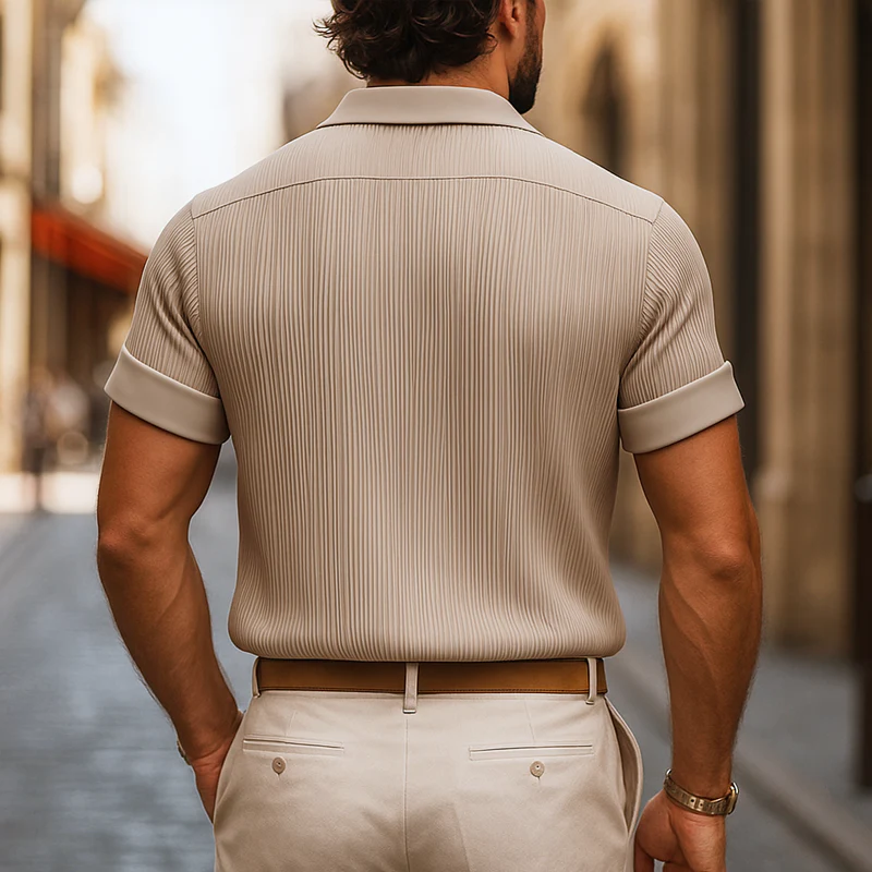 Enrique | Men'S Solid Satin Pleated Lapel Short Sleeve Shirt - Image 3