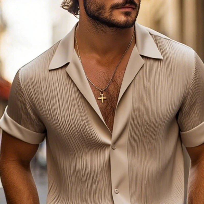 Enrique | Men'S Solid Satin Pleated Lapel Short Sleeve Shirt - Image 4