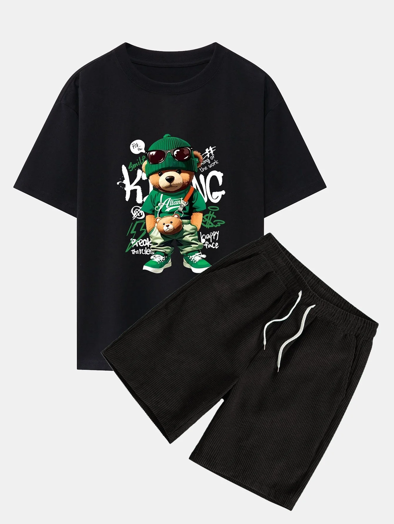 Epifanio® | Graffiti Bear Print Drop Shoulder Oversize T-Shirt & Drawstring Corduroy Shorts - Image 2