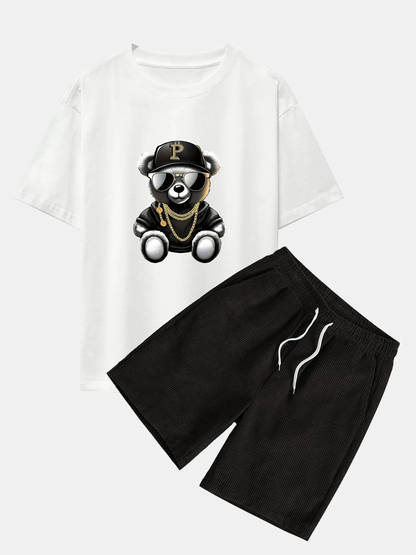 Erasmo® | Hip Hop Bear Print Drop Shoulder Oversize T-Shirt & Drawstring Corduroy Shorts - Image 2