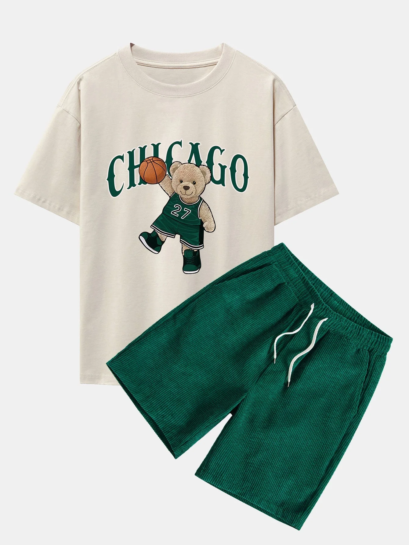 Erasto® | Chicago Basketball Bear Print Drop Shoulder Oversize T-Shirt & Drawstring Corduroy Shorts - Image 4