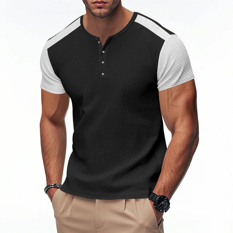 Erik | Men'S Spring And Summer Fashion Casual Waffle Color Contrast Stitching Henry Collar Short Sleeve T-Shirt - Image 2