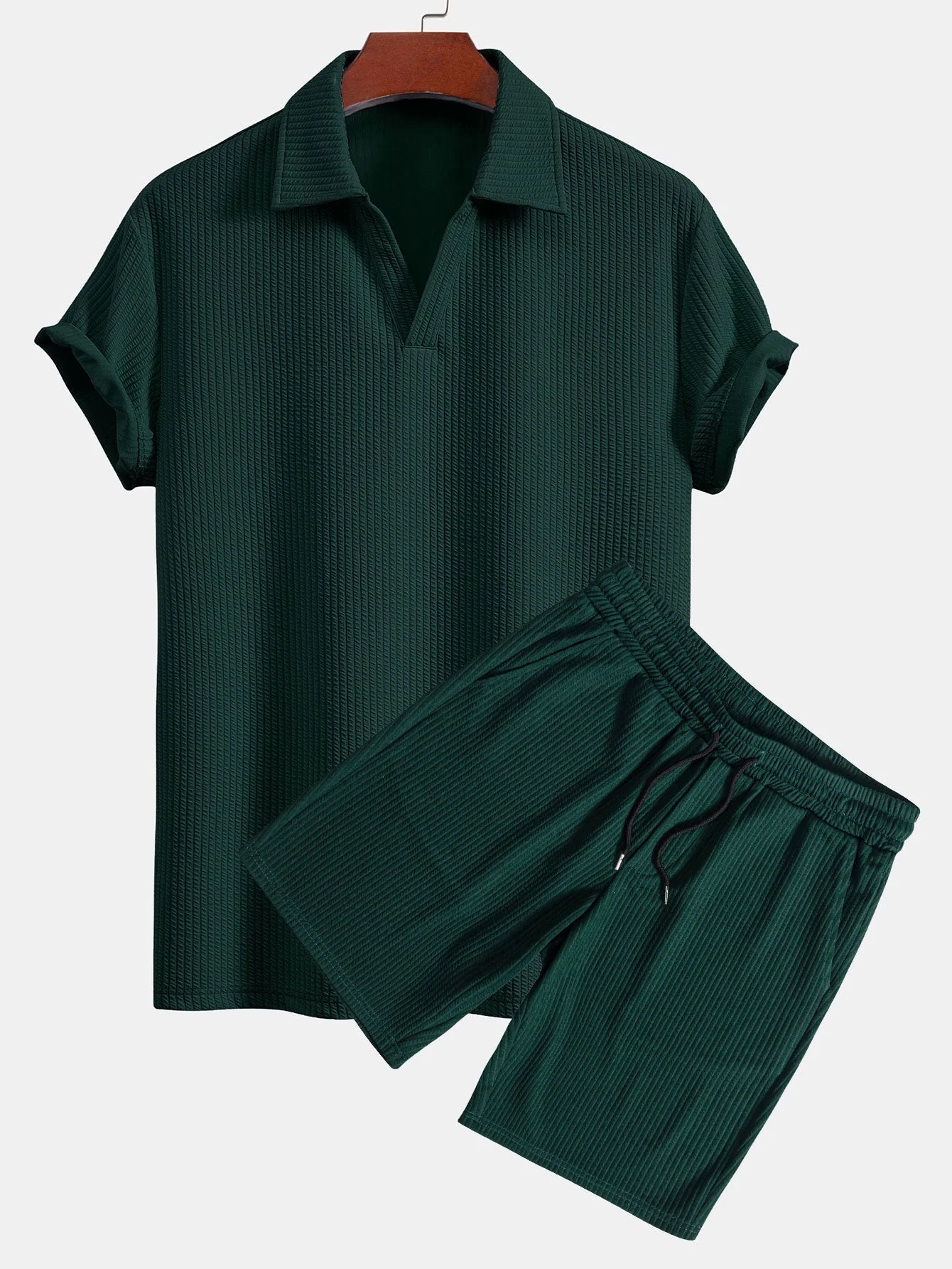 Ernesto® | Short Sleeved V-Neck Ribbed Polo & Drawstring Ribbed Shorts - Image 2