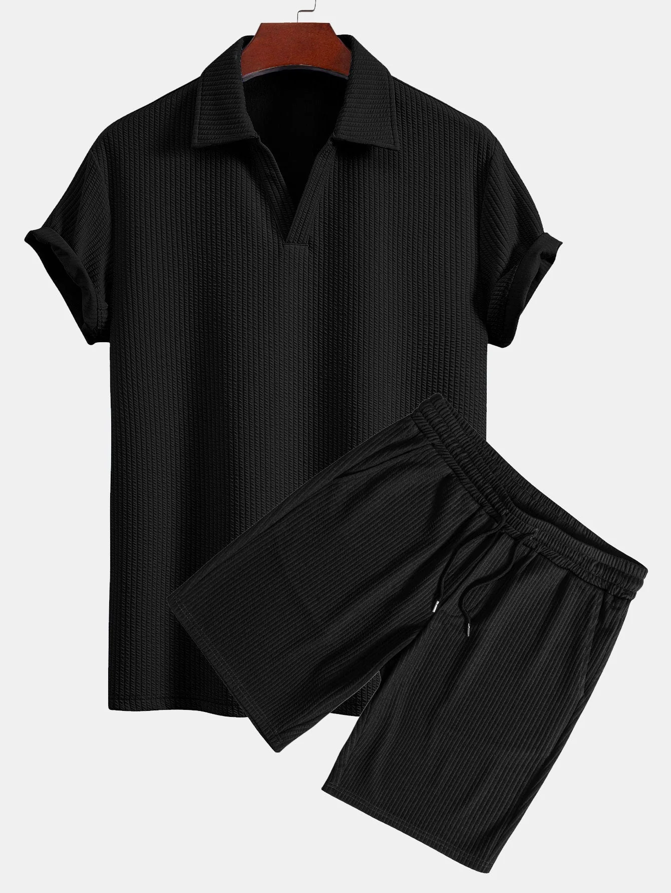 Ernesto® | Short Sleeved V-Neck Ribbed Polo & Drawstring Ribbed Shorts - Image 3