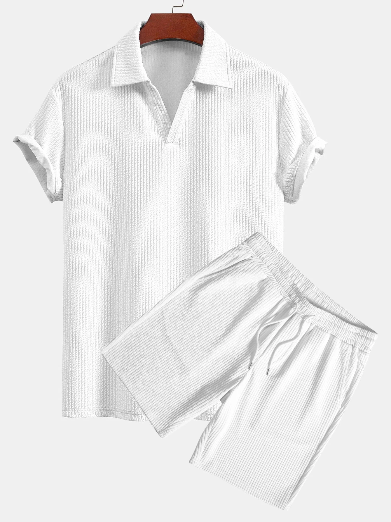 Ernesto® | Short Sleeved V-Neck Ribbed Polo & Drawstring Ribbed Shorts - Image 4