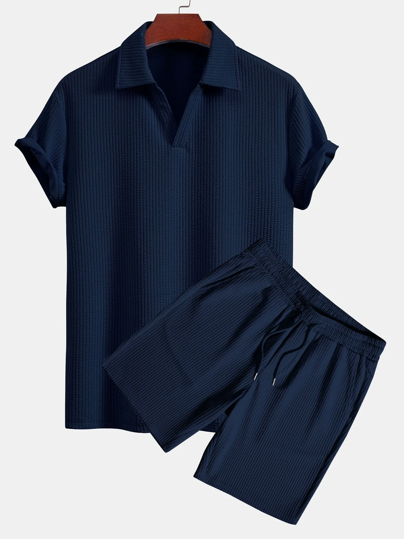 Ernesto® | Short Sleeved V-Neck Ribbed Polo & Drawstring Ribbed Shorts - Image 5