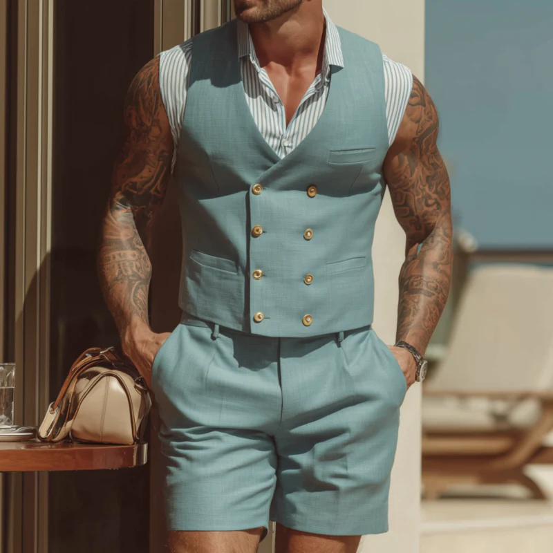 Ernie | Men'S Vintage Elegant Cotton Blend V-Neck Double-Breasted Slim Fit Suit Vest Shorts Set (Shirt Excluded) - Image 2
