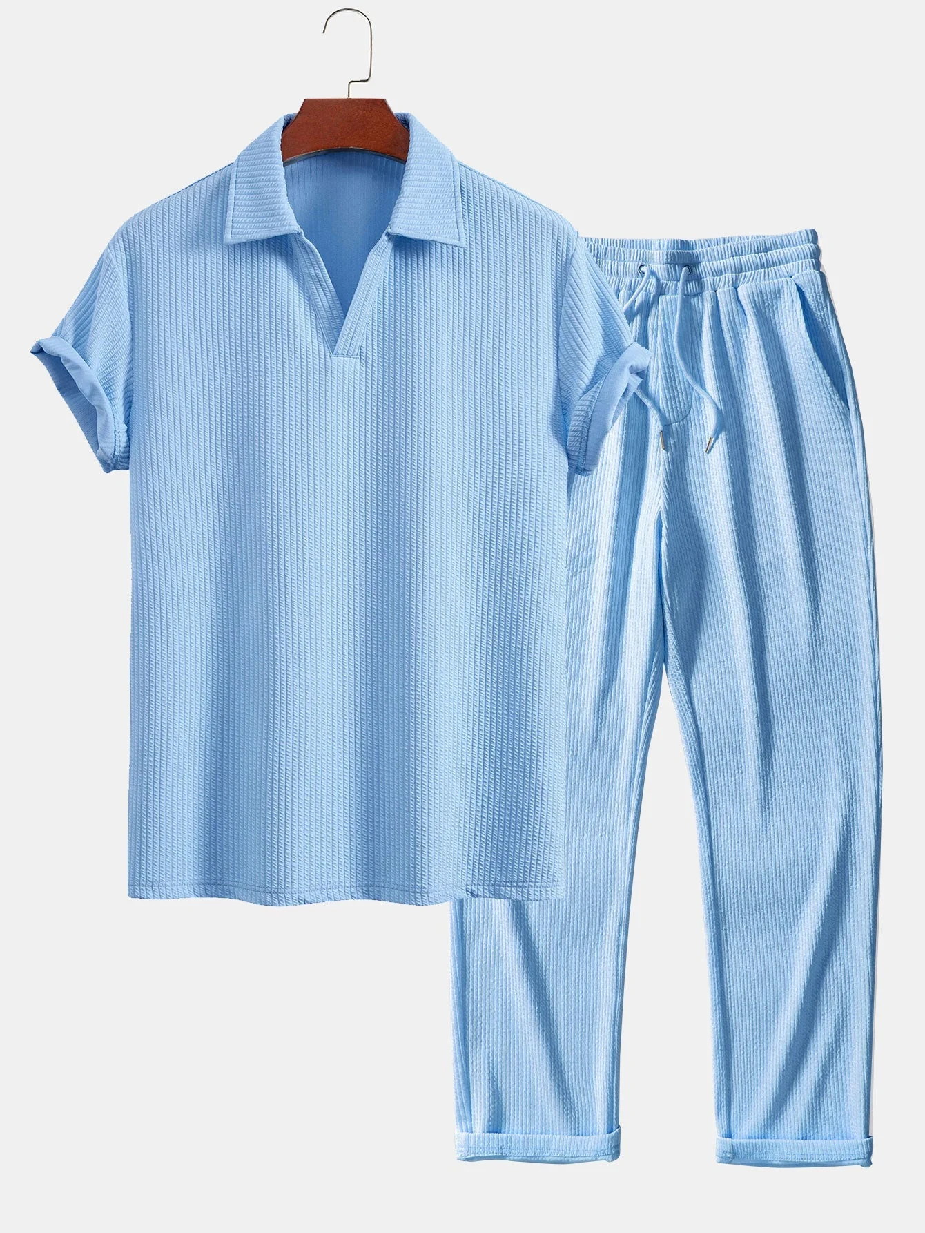 Esau® | Short Sleeved V-Neck Ribbed Polo & Straight Leg Ribbed Pants - Image 2