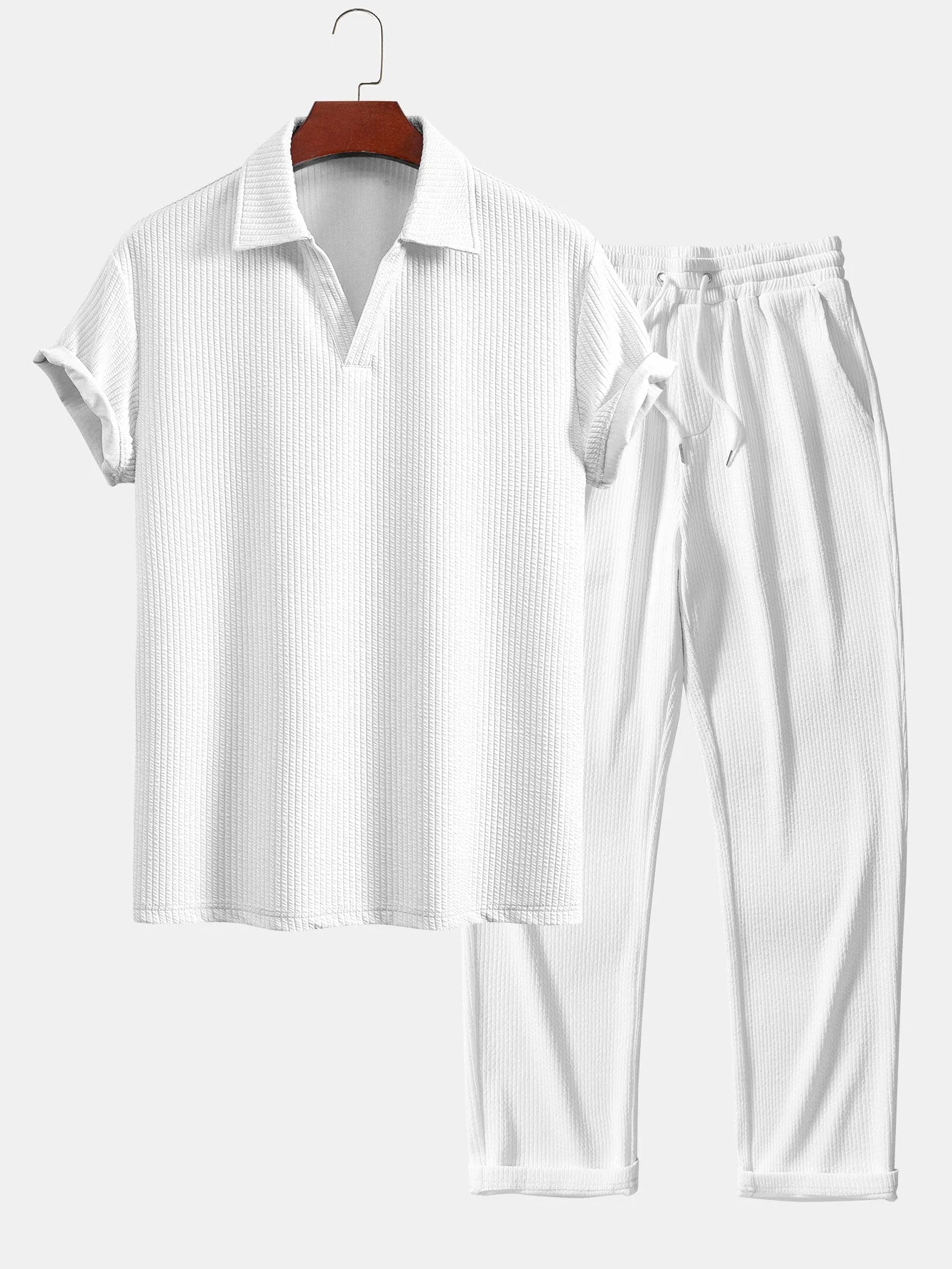 Esau® | Short Sleeved V-Neck Ribbed Polo & Straight Leg Ribbed Pants - Image 3