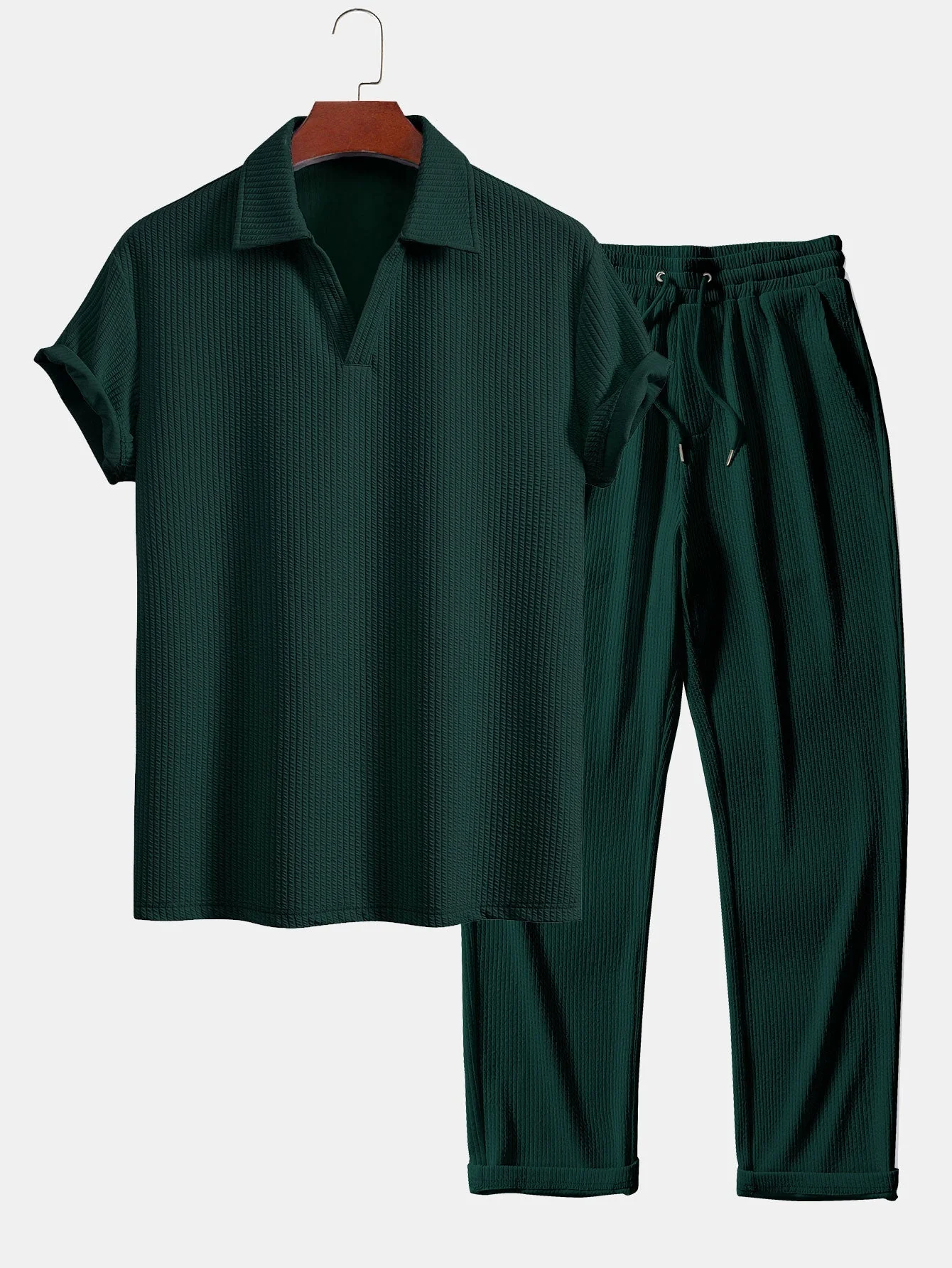 Esau® | Short Sleeved V-Neck Ribbed Polo & Straight Leg Ribbed Pants - Image 4