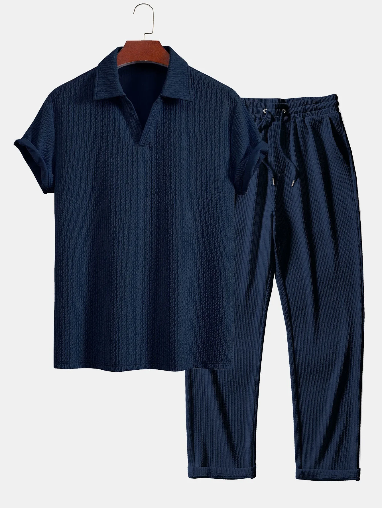 Esau® | Short Sleeved V-Neck Ribbed Polo & Straight Leg Ribbed Pants - Image 5