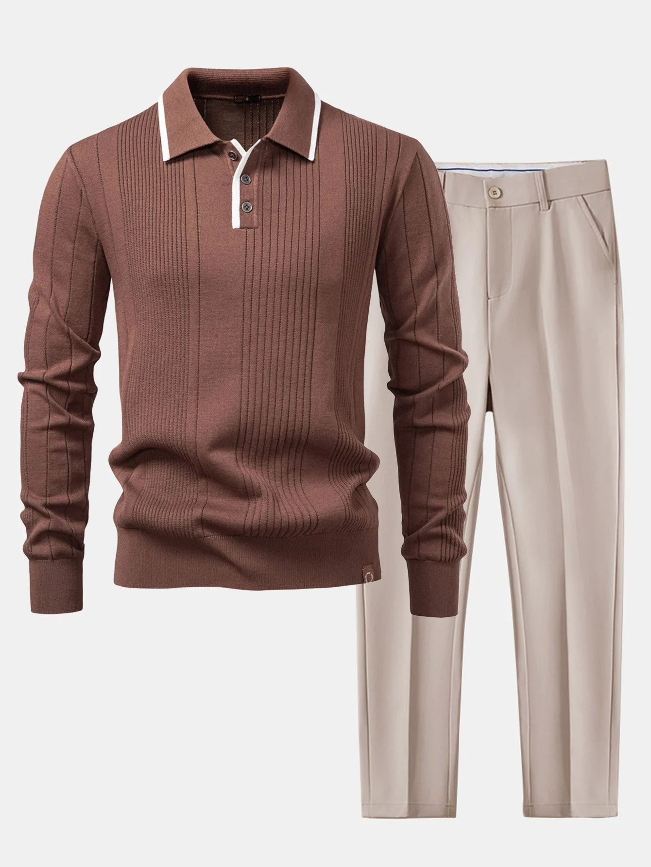 Escipión® | Long Sleeved Knitted Stripe Jacquard Polo Shirt & Slim Fit Tapered Trousers - Image 11