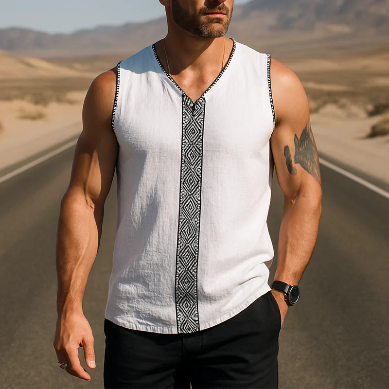 Esteban | Men'S Summer Fashion Simple Embroidery Linen Tank Top - Image 2