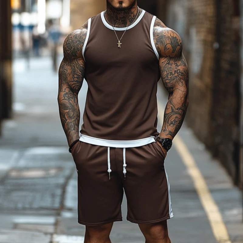 Eugene | Men'S Casual Breathable Cotton Colorblock Round Neck Tank Top Elastic Waist Shorts Sports Set - Image 3