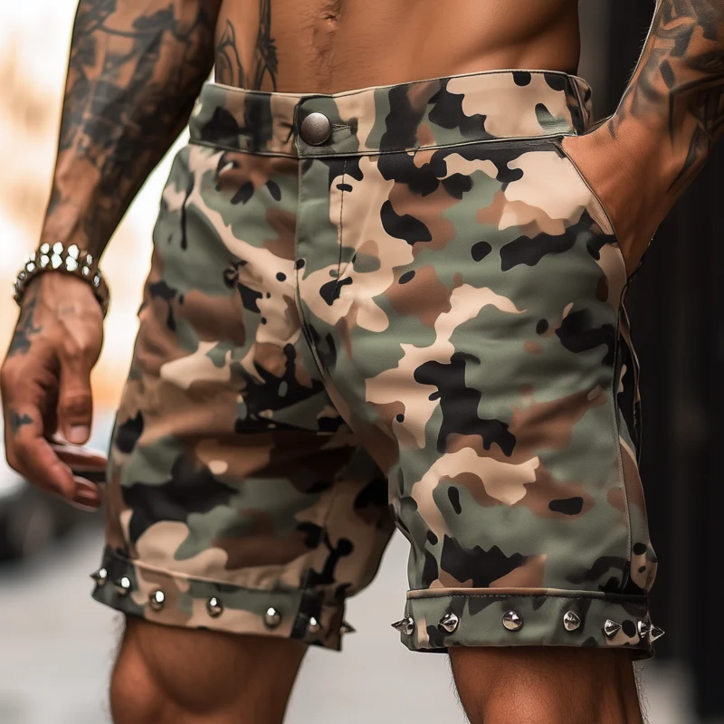 Eugene | Men'S Casual Punk Camouflage Cotton Hem Rivet Decoration Straight Denim Shorts - Image 2
