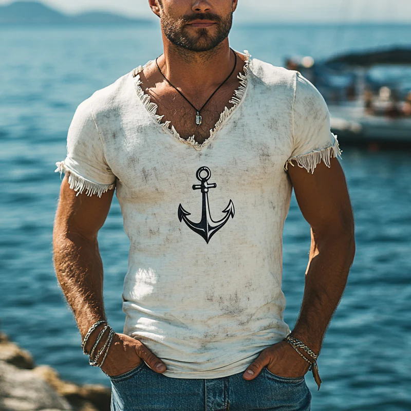 Eugene | Men'S Retro Printed Tassel V-Neck Short Sleeve T-Shirt - Image 2