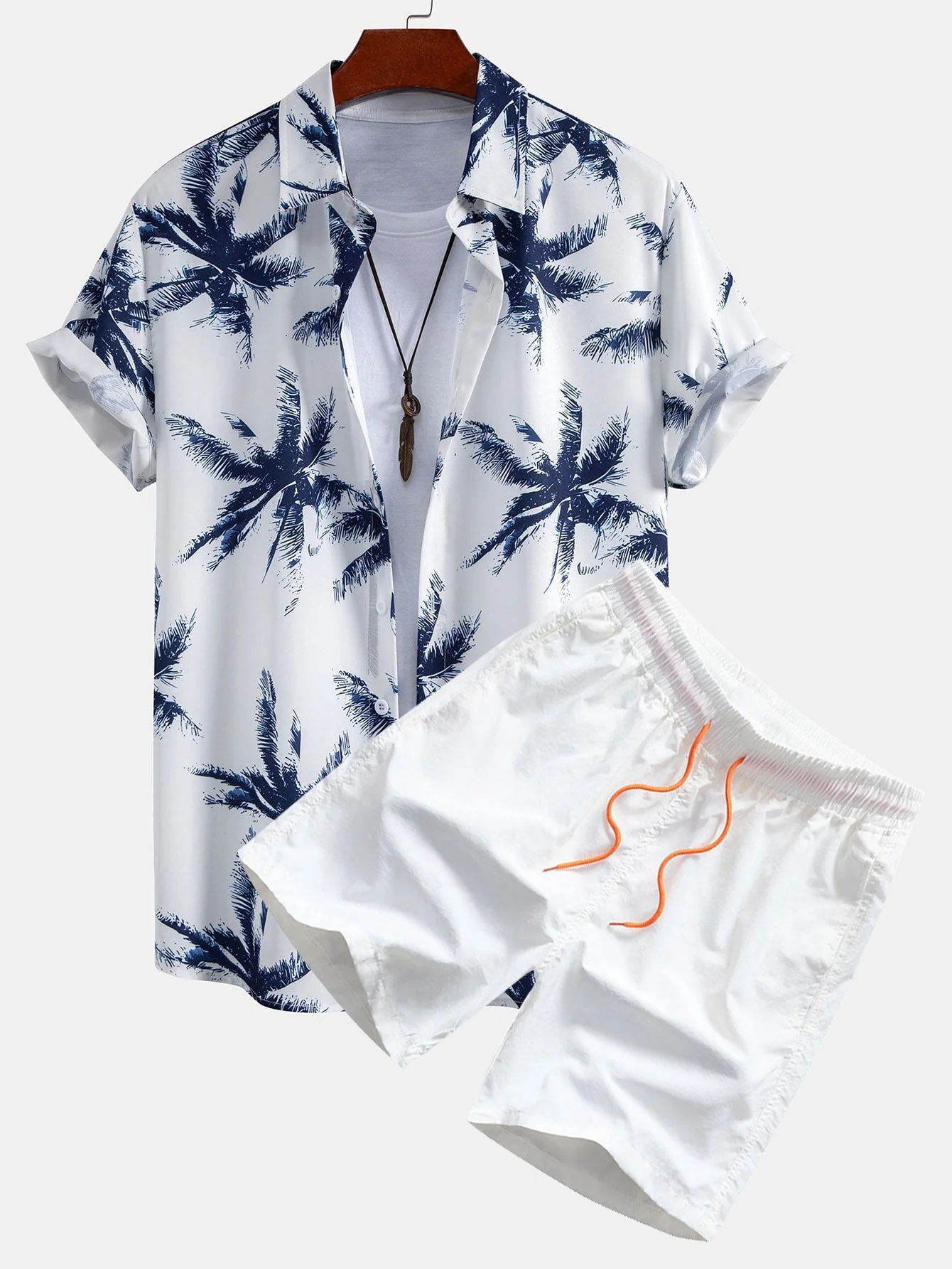 Evaristo® | Palm Tree Print Button Up Shirt & Man Mid Length Drawstring Swim Shorts - Image 2