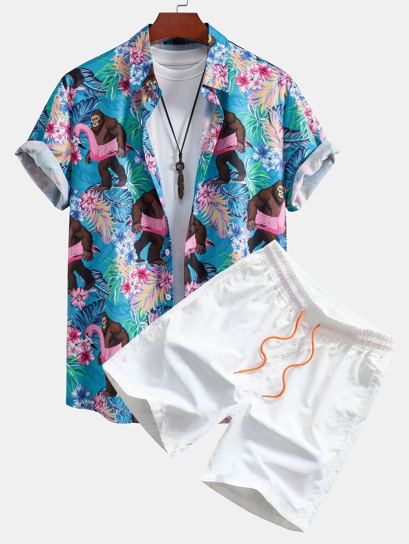 Fabian® | Tropical Plants And Orangutan Print Button Up Shirt & Swim Shorts - Image 2