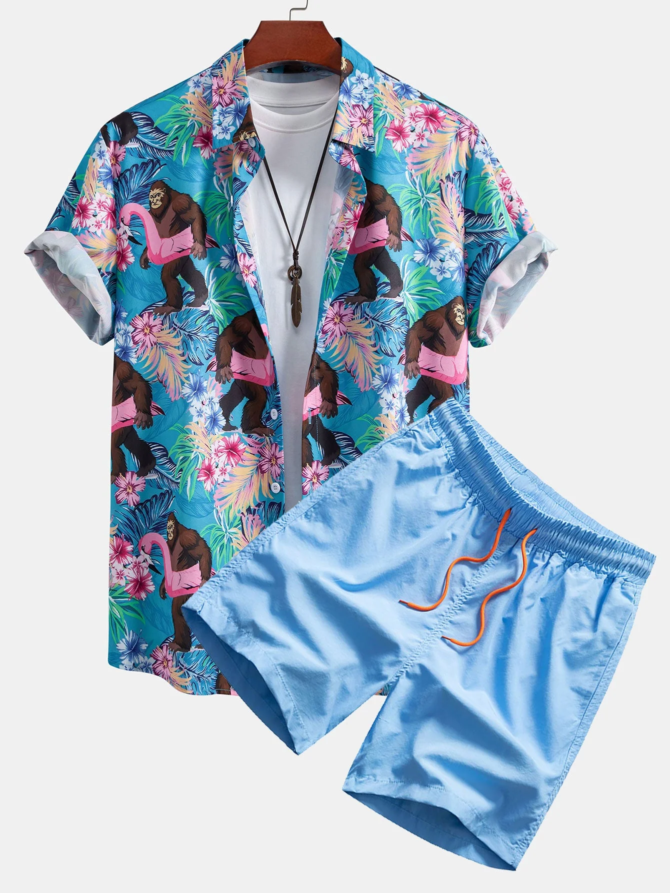 Fabian® | Tropical Plants And Orangutan Print Button Up Shirt & Swim Shorts - Image 3