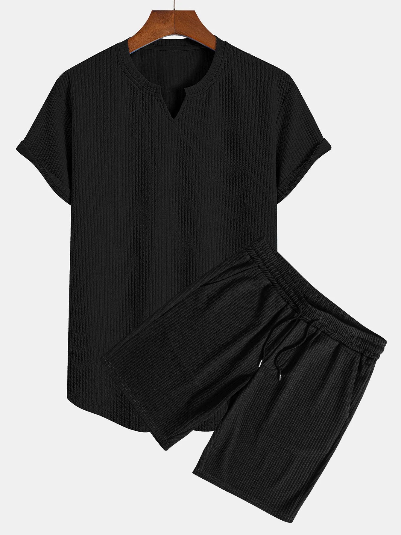 Fabricio® | Muscle Fit Notch Ribbed Arc Hem T-Shirt & Drawstring Ribbed Shorts - Image 2
