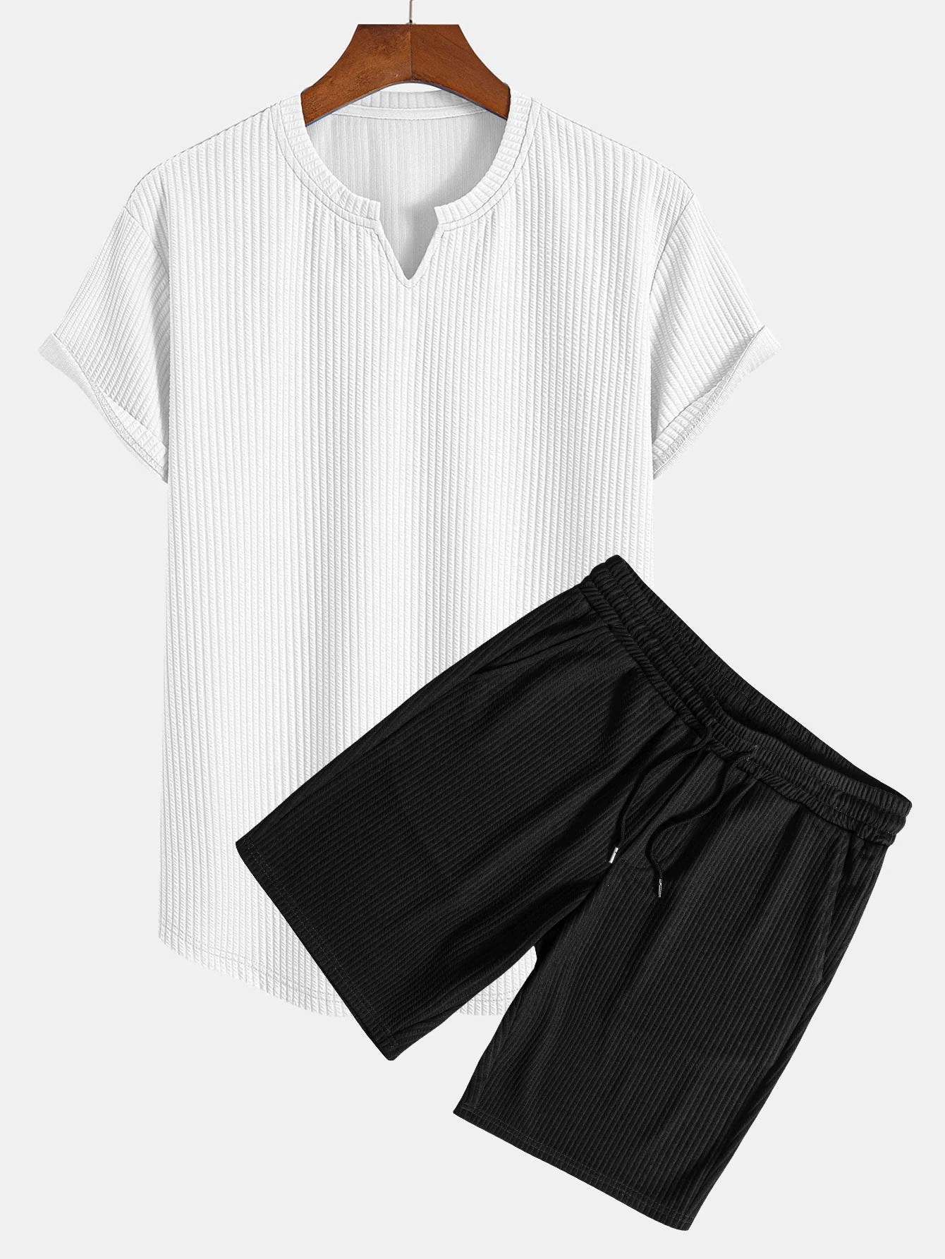 Fabricio® | Muscle Fit Notch Ribbed Arc Hem T-Shirt & Drawstring Ribbed Shorts - Image 3