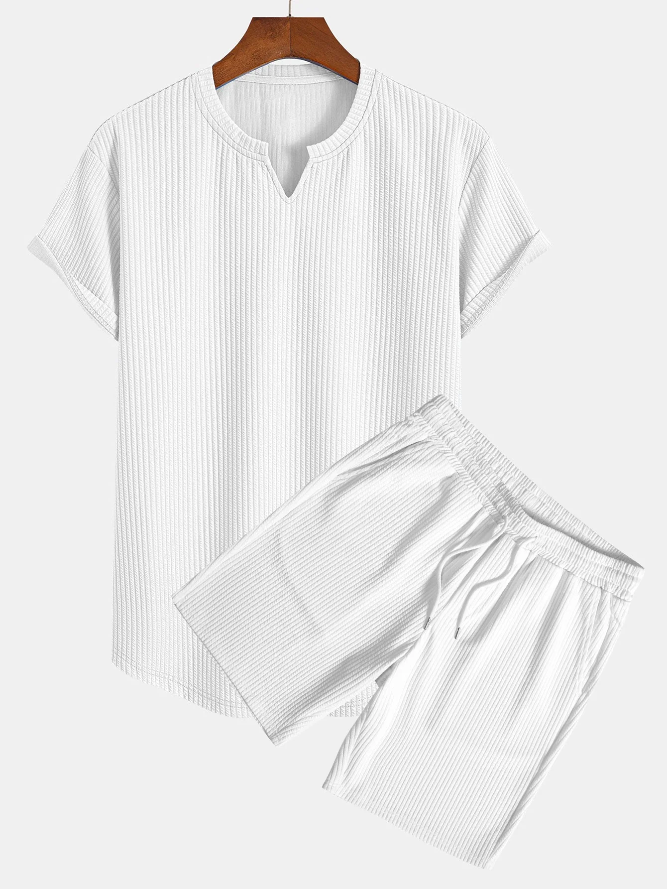 Fabricio® | Muscle Fit Notch Ribbed Arc Hem T-Shirt & Drawstring Ribbed Shorts - Image 4