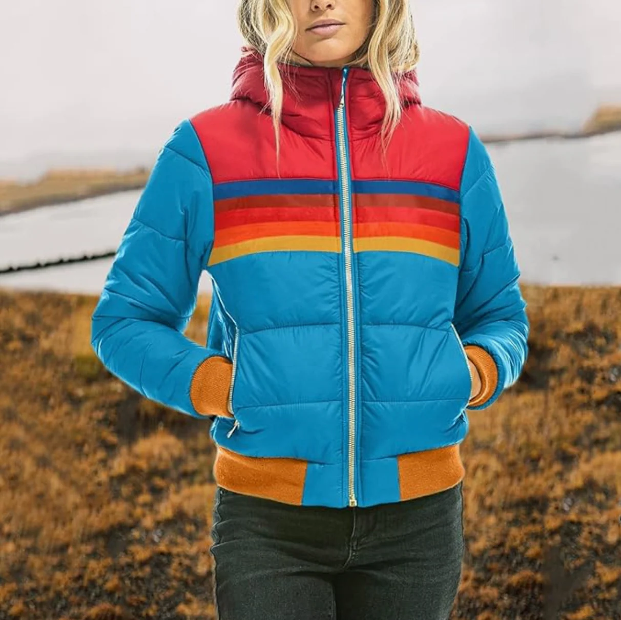 Faetón | Women's striped retro puffer jacket with front zip - Image 2