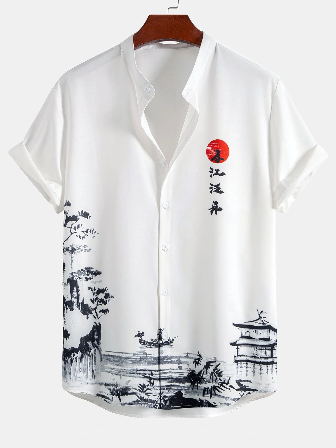 Faustino® | Ink Landscape Painting Stand Collar Shirt & Man Mid Length Drawstring Swim Shorts - Image 2