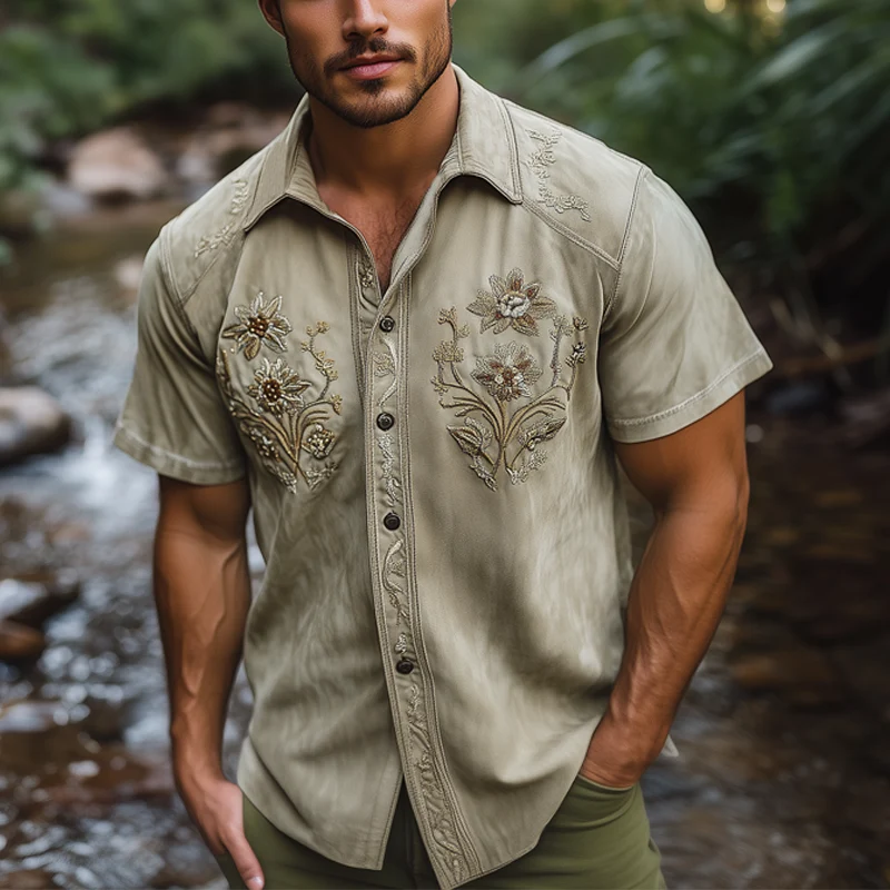 Federico | Men'S Summer Floral Embroidered Suede Short Sleeve Shirt - Image 2