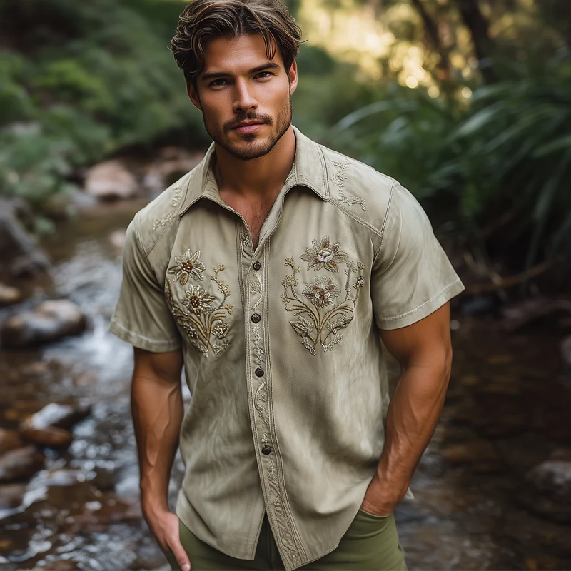 Federico | Men'S Summer Floral Embroidered Suede Short Sleeve Shirt - Image 3