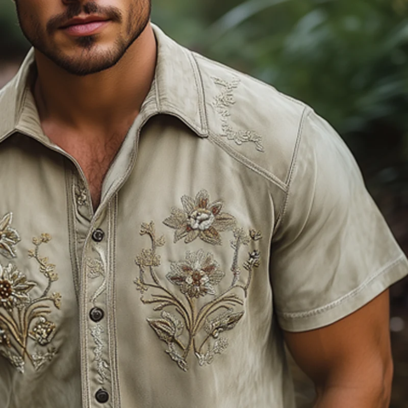 Federico | Men'S Summer Floral Embroidered Suede Short Sleeve Shirt - Image 4