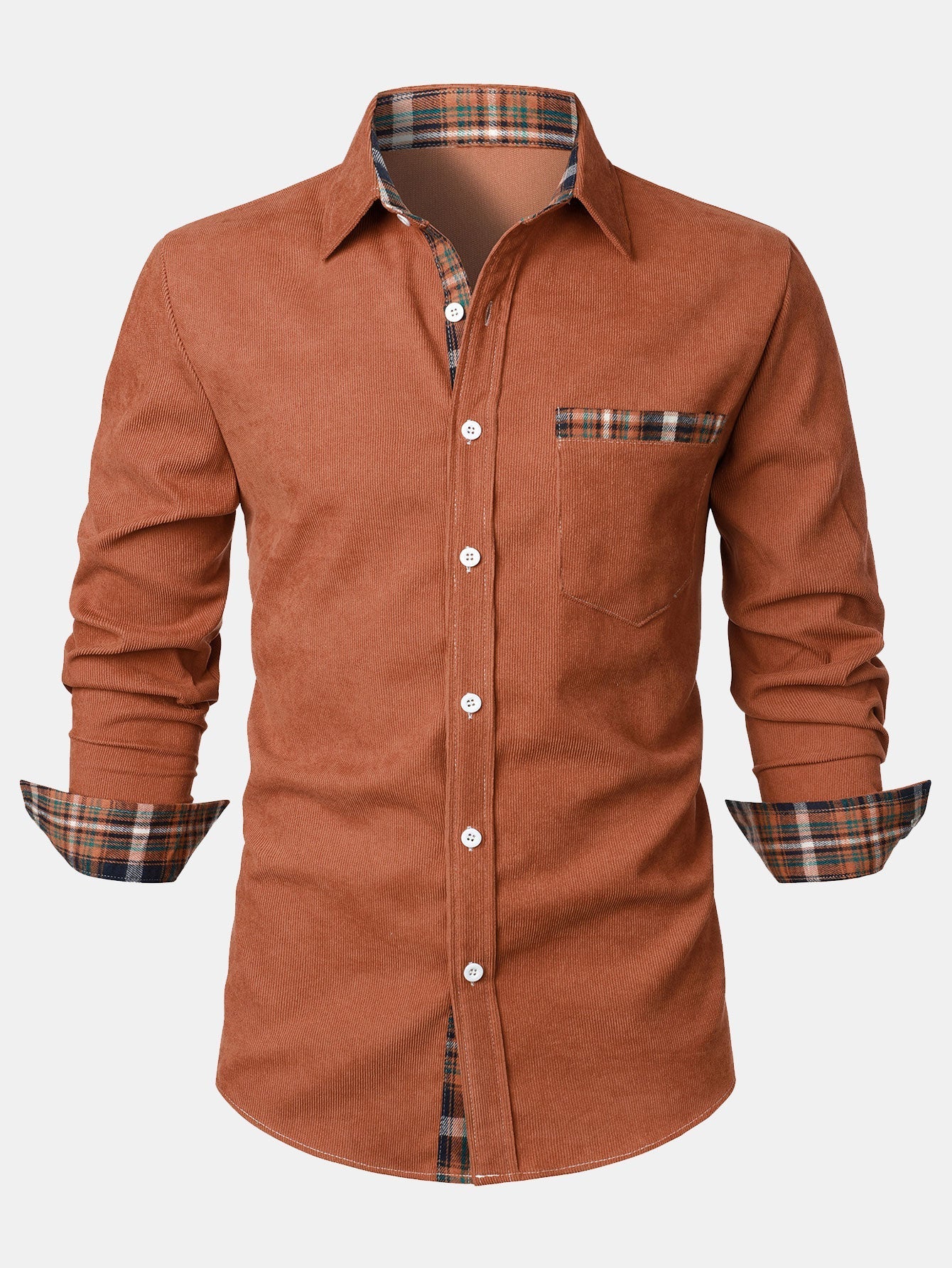 Felicio® | Corduroy Plaid Panel Button Up Shirt - Image 3