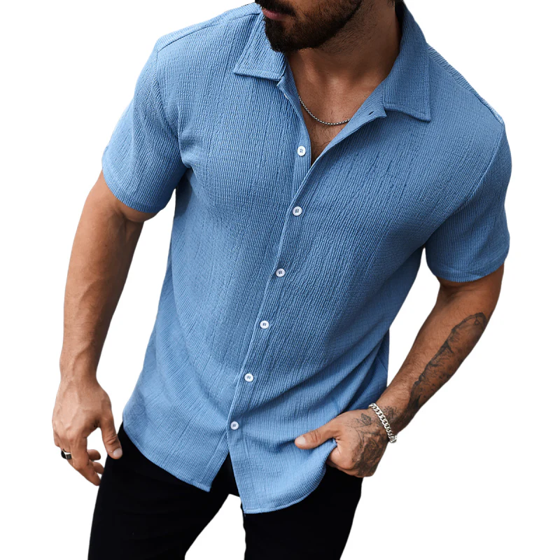 Fernando | Men'S Casual Cotton Blend Pleated Texture Lapel Slim Fit Short Sleeve Shirt - Image 2